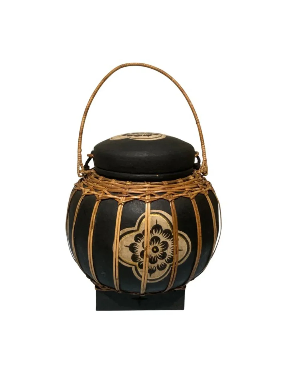 Vintage Thai Bamboo And Wood Rice Basket Hand Painted Floral Design